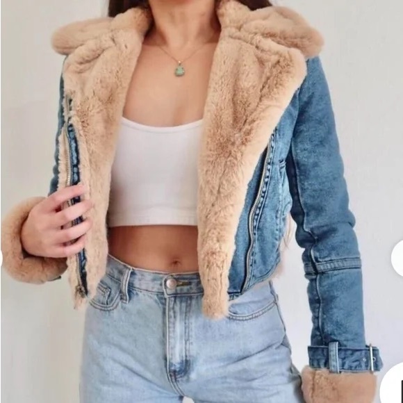 Y2K top jacket Denim and Faux Fur Women's Jacket - Picture 1 of 6